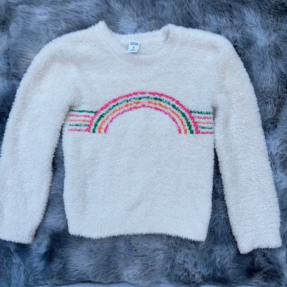 Harper Canyon Girls 4T Rainbow Fuzzy Sweater Long Sleeve Cream Pink Green Orange